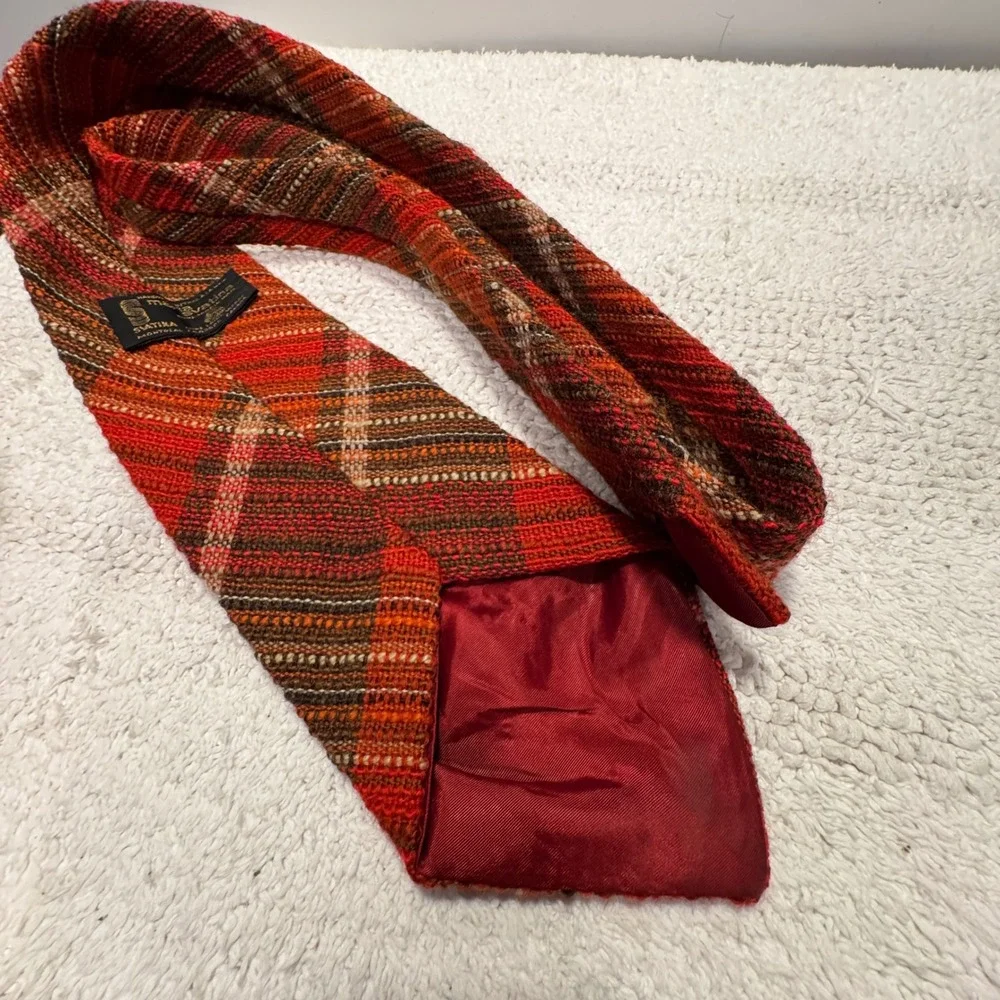Vintage Maria Svatina Tie Orange Plaid Virgin Wool Handwoven Heritage Necktie